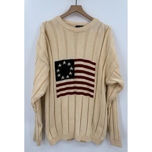 Vintage Old Glory Sweater Mens XL Beige Flag USA Knit Chunky Cotton Preppy